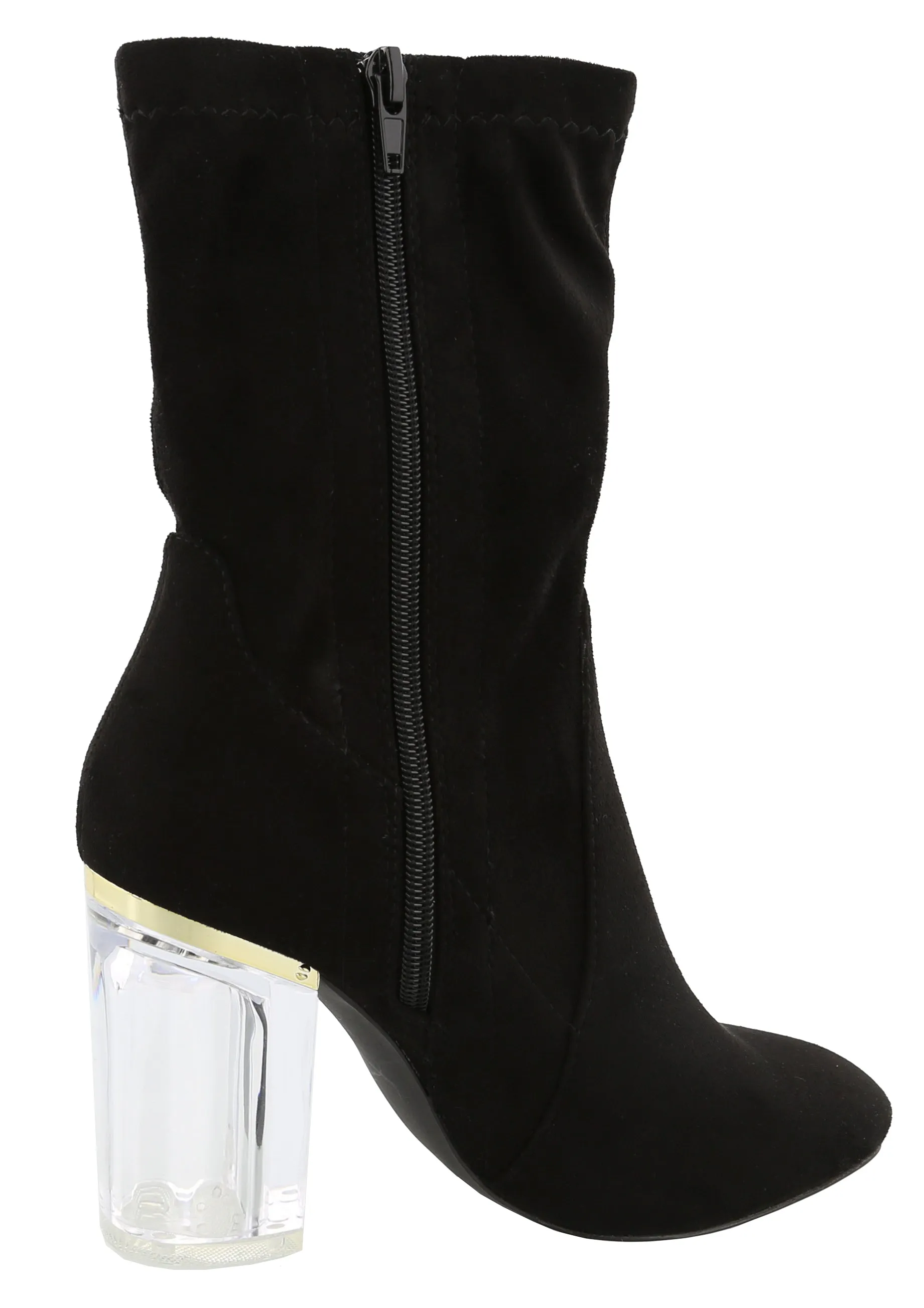Top Moda Women's Closed Almond Toe Lucite Heel Mid-Calf Sock Boot