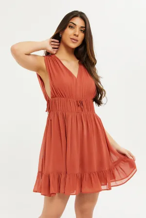 Women Rust Crinkled V Neck Dress