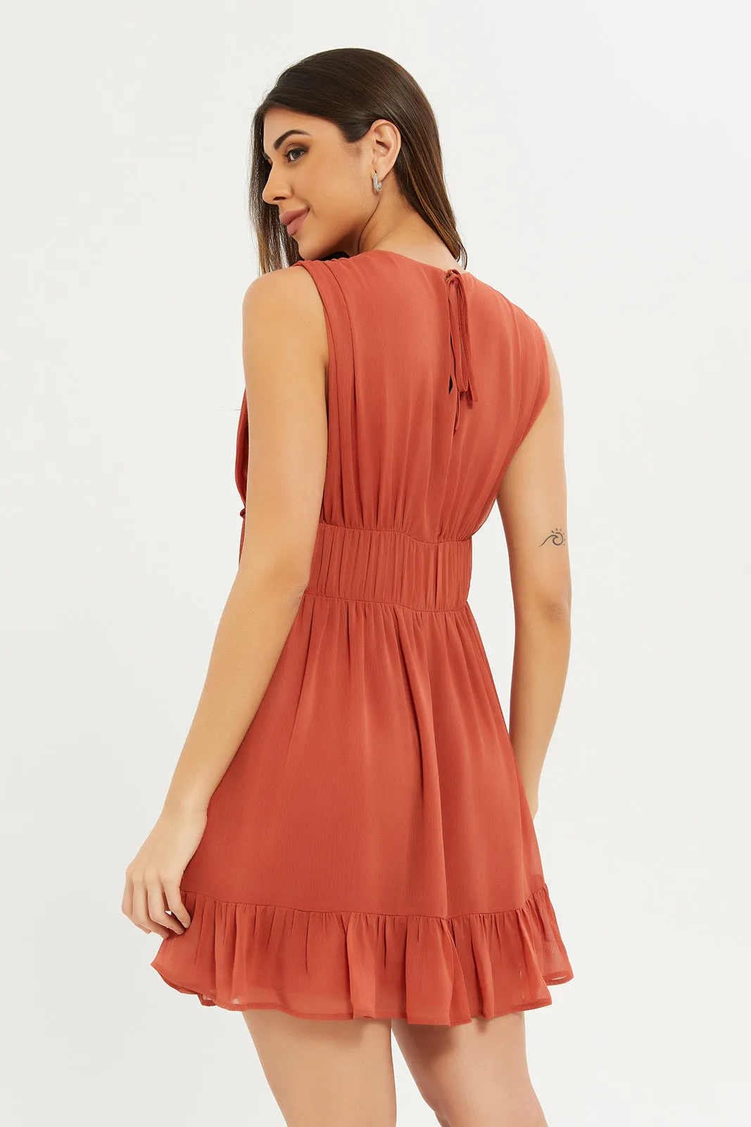 Women Rust Crinkled V Neck Dress