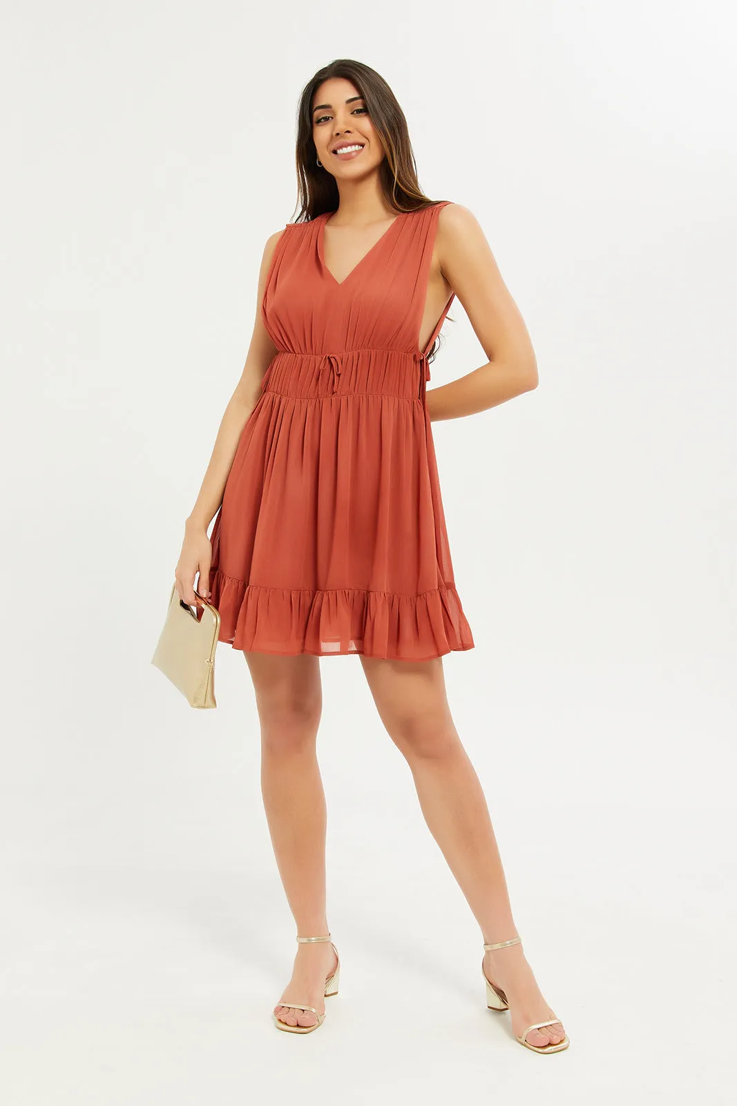 Women Rust Crinkled V Neck Dress